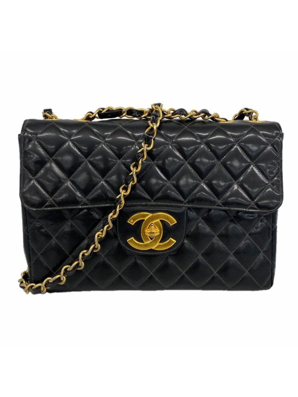 Chanel Shoulder Bag Maxi Quilted Patent Leather Black Gold